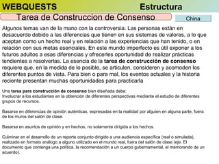 WEBQUESTS
Estructura
Tarea de Construccion de Consenso

China

Algunos temas van de la mano con la controversia. Las personas están en
desacuerdo debido a las diferencias que tienen en sus sistemas de valores, a lo que
aceptan como un hecho real y en relación a las experiencias que han tenido, o en
relación con sus metas esenciales. En este mundo imperfecto es útil exponer a los
futuros adultos a esas diferencias y ofrecerles oportunidad de realizar prácticas
tendientes a resolverlas. La esencia de la tarea de construcción de consenso
requiere que, en la medida de lo posible, se articulen, consideren y acomoden los
diferentes puntos de vista. Para bien o para mal, los eventos actuales y la historia
reciente presentan muchas oportunidades para practicarla
Una tarea para construcción de consenso bien diseñada debe:
Involucrar a los estudiantes en la obtención de diferentes perspectivas mediante el estudio de diferentes
grupos de recursos.
Basarse en diferencias de opinión auténticas, expresadas en la realidad por alguien en alguna parte, fuera
de los muros del salón de clase.
Basarse en asuntos de opinión y en hechos, no solamente dirigida a los hechos.
Culminar en el desarrollo de un reporte conjunto dirigido a una audiencia específica (real o simulada),
realizado en formato análogo a alguno utilizado en el mundo real, fuera del salón de clase (eje. El
documento que contenga una política, la recomendación a un cuerpo gubernamental, el memorando de un
acuerdo).

 