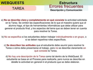 WEBQUESTS
TAREA

Estructura

Errores frecuentes
Descripción y Comunicación

a) No se describe clara y completamente en qué consiste la actividad solicitada
en la Tarea. Se omiten las especificaciones de lo que el maestro quiere que el
alumno haga, el tipo de herramientas informáticas que debe utilizar para
generar el producto final, y los aspectos del tema que se deben tener en cuenta
para resolver la Tarea.
b) No se especifica si los estudiantes deben trabajar individualmente o en grupo, o
si se deben repartirse roles específicos.
c) Se describen las actitudes que el estudiante debe asumir para resolver la
Tarea o cómo debe presentarse el trabajo, pero no se describe claramente en
qué consiste la Tarea.
d) No hay una descripción de la Tarea como tal dentro de la WebQuest. El
estudiante se basa en el Proceso para realizarla, pero nunca se describe en
detalle la actividad en general ni el producto que se debe elaborar.

 