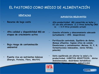 EL PASTOREO COMO MEDIO DE ALIMENTACIÓN VENTAJAS Recurso de bajo costo Alta calidad y disponibilidad MS en etapas de crecimiento activo Bajo riesgo de contaminación ambiental Fuente rica en nutrientes básicos  (Energía, Proteína, Fibra, Min/Vit) SUPUESTOS RELEVANTES Alta productividad  MS convertida en leche y CC con alta eficiencia  (1.2 litros leche/kg CMS  vs  < 0.9 litros promedio actual) Cosecha eficiente y almacenamiento adecuado  (actualmente + 25%  desperdicios) Fertilización controlada, Equilibrio de dietas, Manejo efluentes, higiene sitios de comida: Emanaciones y contaminantes: Metano, N, P, K; fermentaciones indeseables, olores fétidos, polución)  Dieta equilibrada sin afectar la salud y la productividad. HÁBITOS SELECTIVOS,  dietas desbalanceadas, desórdenes metabólicos: empaste, hipomagnesemia, subnutrición)  