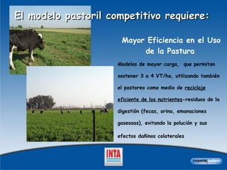Mayor Eficiencia en el Uso de la Pastura   Modelos de mayor carga,  que permitan sostener 3 a 4 VT/ha, utilizando también el pastoreo como medio de  reciclaje eficiente de los nutrientes -residuos de la digestión (fecas, orina, emanaciones gaseosas), evitando la polución y sus efectos dañinos colaterales   El modelo pastoril competitivo requiere:   