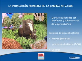LA PRODUCCIÓN PRIMARIA EN LA CADENA DE VALOR   Dietas equilibradas con productos y subproductos de la agroindustria Residuos de Biocombustibles :  harinas proteicas granos de destilería (DDG)  Glicerol 