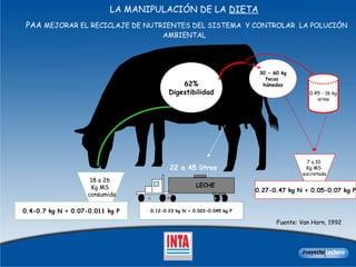 LA MANIPULACIÓN DE LA  DIETA   PAA  MEJORAR EL RECICLAJE DE NUTRIENTES DEL SISTEMA  Y CONTROLAR  LA POLUCIÓN AMBIENTAL  62% Digestibilidad 0.45 - 16 kg orina 30 - 60 kg fecas  húmedas 7 a 10  Kg MS  excretada 18 a 26  Kg MS  consumida 22 a 45 litros   0.12-0.23 kg N + 0.022-0.045 kg P 0.4-0.7 kg N + 0.07-0.011 kg P 0.27-0.47 kg N + 0.05-0.07 kg P Fuente: Van Horn, 1992 LECHE 