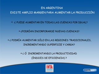 EN ARGENTINA  EXISTE AMPLIO MARGEN PARA AUMENTAR LA PRODUCCIÓN ¿   PUEDE AUMENTAR EN TODAS LAS CUENCAS POR IGUAL? ¿PODRÍAN INCORPORARSE NUEVAS CUENCAS?  ¿ PODRÍA AUMENTAR SÓLO EN LAS REGIONES TRADICIONALES, INCREMENTANDO SUPERFICIE Y CARGA?  ¿ Ó  INCREMENTANDO LA PRODUCTIVIDAD  (ÍNDICES DE EFICIENCIA) ?  