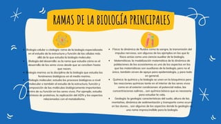 RAMAS DE LA BIOLOGÍA PRINCIPALES
Biología celular o citología: rama de la biología especializada
en el estudio de la estructura y función de las células más
allá de lo que estudia la biología molecular.
Biología del desarrollo: es la rama que estudia cómo es el
desarrollo de los seres vivos desde que se conciben hasta
que nacen.
Biología marina: es la disciplina de la biología que estudia los
fenómenos biológicos en el medio marino.
Biología molecular; estudia los procesos biológicos a nivel
molecular o también el estudio de la estructura, función y
composición de las moléculas biológicamente importantes
dentro de su función en los seres vivos. Por ejemplo, estudia
la síntesis de proteínas, la replicación del ADN y los aspectos
relacionados con el metabolismo.
Física: la dinámica de fluidos como la sangre, la transmisión del
impulso nervioso, son algunos de los ejemplos en los que la
física actúa como una ciencia auxiliar de la biología.
Matemáticas: la modelización matemática de la dinámica de
poblaciones de los ecosistemas es uno de los aspectos en los
que las matemáticas son auxiliares de la biología, pero no el
único, también sirven de apoyo para epidemiología, y para todo
en general.
Química: la química y la biología se unen en la bioquímica pero
las reacciones químicas tanto en el interior de los seres vivos
como en el exterior condicionan: el potencial redox, las
concentraciones salinas… son química básica que es necesaria
para estudiar la vida.
Geología: la geología: características del suelo, altura de las
montañas, dinámica de sedimentación y transporte como ocurre
en las dunas… son algunos de los aspectos donde la geología es
una rama imprescindible para la biología.
 
