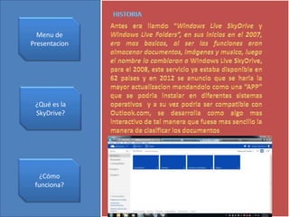 Menu de
Presentacion
¿Qué es la
SkyDrive?
¿Cómo
funciona?