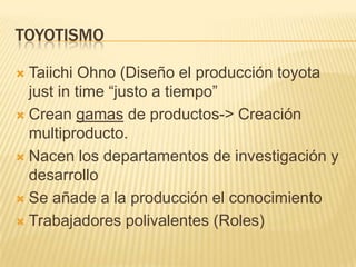 TOYOTISMO

 Taiichi Ohno (Diseño el producción toyota
  just in time “justo a tiempo”
 Crean gamas de productos-> Creaci...