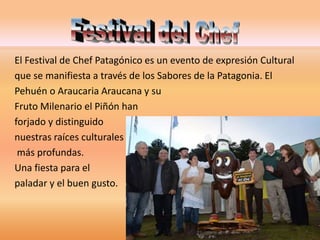 El Festival de Chef Patagónico es un evento de expresión Cultural 
que se manifiesta a través de los Sabores de la Patagonia. El 
Pehuén o Araucaria Araucana y su 
Fruto Milenario el Piñón han 
forjado y distinguido 
nuestras raíces culturales 
más profundas. 
Una fiesta para el 
paladar y el buen gusto. 
 