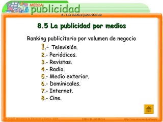 8.- Los medios publicitarios8.- Los medios publicitarios
8.5 La publicidad por medios8.5 La publicidad por medios
Ranking publicitario por volumen de negocioRanking publicitario por volumen de negocio
11.-.- Televisión.Televisión.
22.- Periódicos..- Periódicos.
33.- Revistas..- Revistas.
44.- Radio..- Radio.
55.- Medio exterior..- Medio exterior.
66.- Dominicales..- Dominicales.
77.- Internet..- Internet.
88.- Cine..- Cine.
 
