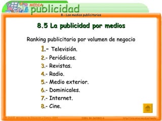 8.5 La publicidad por medios Ranking publicitario por volumen de negocio 1 .-  Televisión. 2 .- Periódicos. 3 .- Revistas. 4 .- Radio. 5 .- Medio exterior. 6 .- Dominicales. 7 .- Internet. 8 .- Cine. 