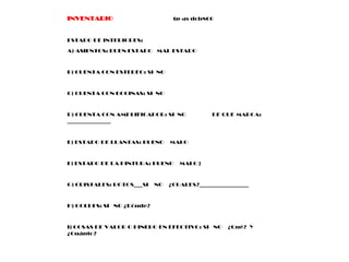 INVENTARIO                       tp-as dcb800



ESTADO DE INTERIORES:

A) ASIENTOS: BUEN ESTADO MAL ESTADO



B) CUENTA CON ESTEREO: SI NO



C) CUENTA CON BOCINAS: SI NO



D) CUENTA CON AMPLIFICADOR: SI NO            DE QUE MARCA:
_______________



E) ESTADO DE LLANTAS: BUENO     MALO



F) ESTADO DE LA PINTURA: BUENO     MALO}



G) CRISTALES: ROTOS___SI   NO   ¿CUALES?_________________



H) GOLPES: SI NO ¿Dónde?



I) COSAS DE VALOR O DINERO EN EFECTIVO: SI NO     ¿Qué? Y
¿Cuánto?
 
