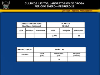 CULTIVOS ILICITOS, LABORATORIOS DE DROGA
              PERIODO ENERO – FEBRERO 22
                                                Dirección Nacional Antinarcóticos




   AREAS ERRADICADAS                            PLANTAS
    (Medida en hectáreas)                       (Unidad)

 coca       amapola   marihuana   coca           amapola     marihuana

                                   2.000                         32




LABORATORIOS                          SEMILLAS

                         coca        marihuana             amapola
   cocaína
                         (un)          (un)                (unidad)

        1                                  13
 