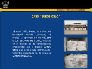 Dirección Nacional Antinarcóticos


                 CASO “ EUROS OSLO ”



28 Abril 2010, Puerto Marítimo de
Guayaquil, Muelle Contecon, se
realizó la aprehensión de 690.990
KILOS SULFATO DE SODIO, ocultos
en el interior de 26 contenedores
encontrados en el Buque EURUS
OSLO que llego desde Barranquilla-
Colombia importada por la empresa
MANAFRANCA S.A.
 