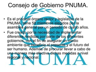 Consejo de Gobierno PNUMA. Es el principal órgano rector y legislativo de la PNUMA, tiene 58 miembros elegidos por la asamblea general por un periodo de cuatro años.  Fue creado por la necesidad de implementar diferentes medidas por parte de los diferentes gobiernos, con el fin de asegurar un medio ambiente que beneficie el presente y el futuro del ser humano. Además de procurar llevar a cabo de una manera más efectiva dichas medidas a nivel regional y nacional. 