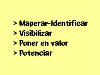 > Maperar-Identificar
> Visibilizar
> Poner en valor
> Potenciar
 