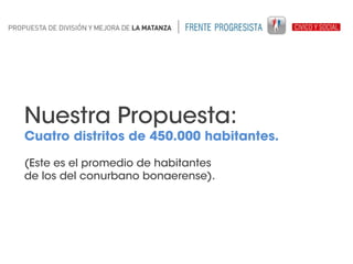 Nuestra Propuesta:

Cuatro distritos de 450.000 habitantes.
(Este es el promedio de habitantes
de los del conurbano bonaerense).

 