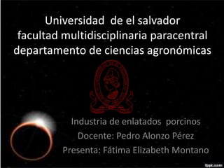 Universidad de el salvador
facultad multidisciplinaria paracentral
departamento de ciencias agronómicas
Industria de enlatados porcinos
Docente: Pedro Alonzo Pérez
Presenta: Fátima Elizabeth Montano
 