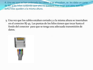4. Una vez que se han ordenado los cables  y se alineaban, se  les daba un corte de 90° a los hilos cuidando que uno no quedara mas largo que otro, que los ocho hilos queden a la misma altura.5. Una vez que los cables estaban cortado y a la misma altura se insertaban en el conector RJ-45. Las puntas de los hilos tienen que tocar hasta el fondo del conector  para que se tenga una adecuada transmisión de datos.