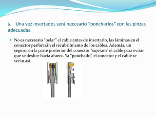 6.    Una vez insertados será necesario “poncharlos” con las pinzas adecuadas.No es necesario “pelar” el cable antes de insertarlo, las láminas en el conector perforarán el recubrimiento de los cables. Además, un seguro, en la parte posterior del conector “sujetará” el cable para evitar que se deslice hacia afuera. Ya “ponchado”, el conector y el cable se verán así: