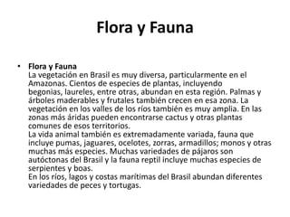 Flora y FaunaFlora y FaunaLa vegetación en Brasil es muy diversa, particularmente en el Amazonas. Cientos de especies de plantas, incluyendo begonias, laureles, entre otras, abundan en esta región. Palmas y árboles maderables y frutales también crecen en esa zona. La vegetación en los valles de los ríos también es muy amplia. En las zonas más áridas pueden encontrarse cactus y otras plantas comunes de esos territorios.La vida animal también es extremadamente variada, fauna que incluye pumas, jaguares, ocelotes, zorras, armadillos; monos y otras muchas más especies. Muchas variedades de pájaros son autóctonas del Brasil y la fauna reptil incluye muchas especies de serpientes y boas.En los ríos, lagos y costas marítimas del Brasil abundan diferentes variedades de peces y tortugas.