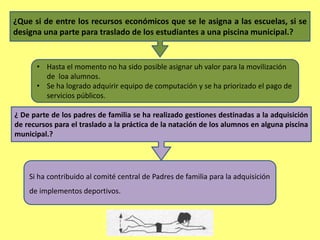 ¿Que si de entre los recursos económicos que se le asigna a las escuelas, si se 
designa una parte para traslado de los estudiantes a una piscina municipal.? 
• Hasta el momento no ha sido posible asignar uh valor para la movilización 
de loa alumnos. 
• Se ha logrado adquirir equipo de computación y se ha priorizado el pago de 
servicios públicos. 
¿ De parte de los padres de familia se ha realizado gestiones destinadas a la adquisición 
de recursos para el traslado a la práctica de la natación de los alumnos en alguna piscina 
municipal.? 
Si ha contribuido al comité central de Padres de familia para la adquisición 
de implementos deportivos. 
 