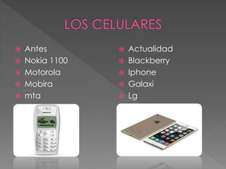  Antes 
 Nokia 1100 
 Motorola 
 Mobira 
 mta 
 Actualidad 
 Blackberry 
 Iphone 
 Galaxi 
 Lg 
 