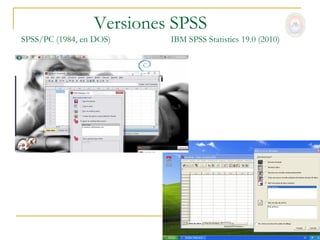 Versiones SPSS
SPSS/PC (1984, en DOS)    IBM SPSS Statistics 19.0 (2010)
 