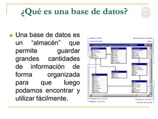 ¿Qué es una base de datos?

   Una base de datos es
    un “almacén” que
    permite          guardar
    grandes cantidades
    de información de
    forma         organizada
    para       que     luego
    podamos encontrar y
    utilizar fácilmente.
 