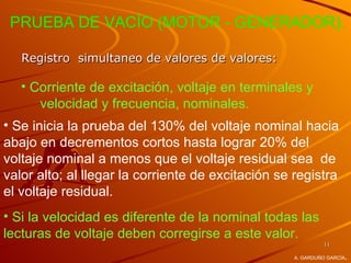 PRUEBA DE VACÍO (MOTOR - GENERADOR).

   Registro simultaneo de valores de valores:

   • Corriente de excitación, voltaje en terminales y
      velocidad y frecuencia, nominales.
• Se inicia la prueba del 130% del voltaje nominal hacia
abajo en decrementos cortos hasta lograr 20% del
voltaje nominal a menos que el voltaje residual sea de
valor alto; al llegar la corriente de excitación se registra
el voltaje residual.
• Si la velocidad es diferente de la nominal todas las
lecturas de voltaje deben corregirse a este valor.
                                                             11

                                                                    .
                                                    A. GARDUÑO GARCÍA
 