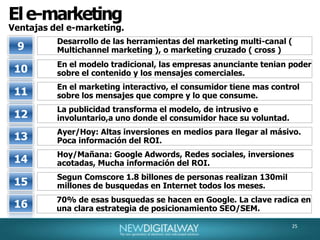 28El e-marketingEl prosumidor, las redes sociales y e rol del “community manager”.Las empresas y el mercado, son a la vez, transmisores y receptores.El Prosumidor, la multiplicdad de roles.PROductor + con SUMIDOR.Alvin Toffler, creo el termino en su libro “La Tercera Ola”, en 1980.Los consumidores como parte del “proceso de producción”. Personalización s preferenciasEjemplo: Dell Computers ( Ideas Storm ).Se facilita el proceso de feedback a partir de la participación colaborativa y las redes sociales.“Mercados son conversaciones”.De consumidorespasivos a prosumidores activos.Amazon.com, y su “one time sales”.Usuarios como canales de comunicación humanos. Productores de contenido.Usuarios que suben contenidos a la web 2.0, a la vez que los consumen. Acceso a información.Los usuarios son a la vez emisores y receptores.28
