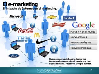 El e-marketingDesarrollo de productos a medida, que se adaptan a necesidades de clientes y consumidores, los que coreesponden a uno o varios segmentos pequeños.Alta propensión de los consumidores a aceptar productos menos sofisticados, con el uso de economías potenciales.La hipersegmentación es un fenomeno derivado del marketing interactivo.En un principio el mercado se dividia por edades, despues por niveles socioeconomicos, despues las segmentación psicográfica, de ahora en mas la división será mucho mas compleja y diversa.La clave del éxito de las empresas será su capacidad de satisfacer una demanda personalizada y segmentada del mercado de consumidores.Las empresas deberan adaptarse cada vez con mayor precisión a las necesidades de los clientes.La hiper segmentación.29