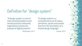 A design system is a set of
interconnected patterns and
shared practices coherently
organized to achieve the
purpose of digital products
- Kholmatova, 2017
Definition for design system
A design system is a
comprehensive set of values,
semantics, syntax and context
that form the foundation of a
shared design language.
- Grainer, 2017
6
 