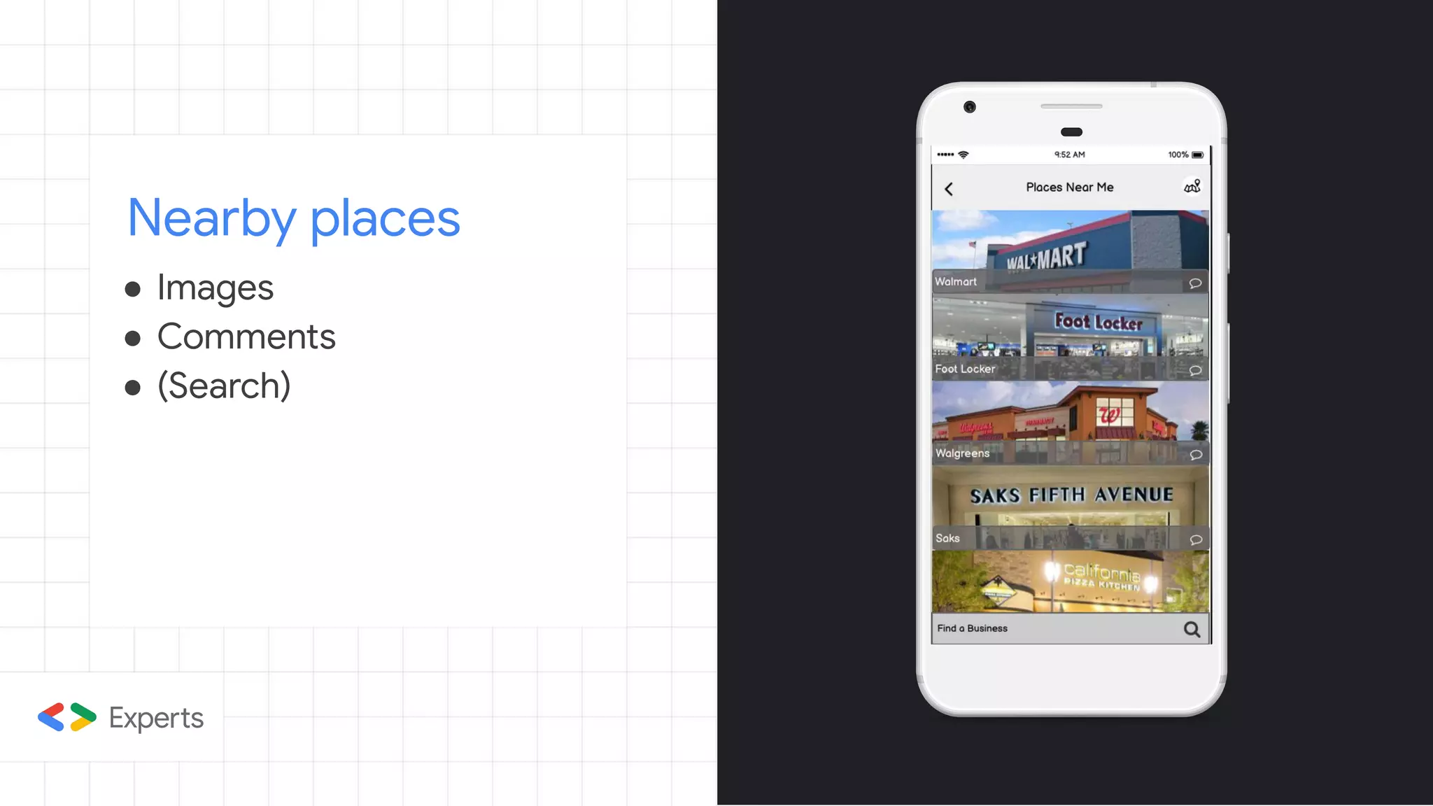 Nearby places
● Images
● Comments
● (Search)
 