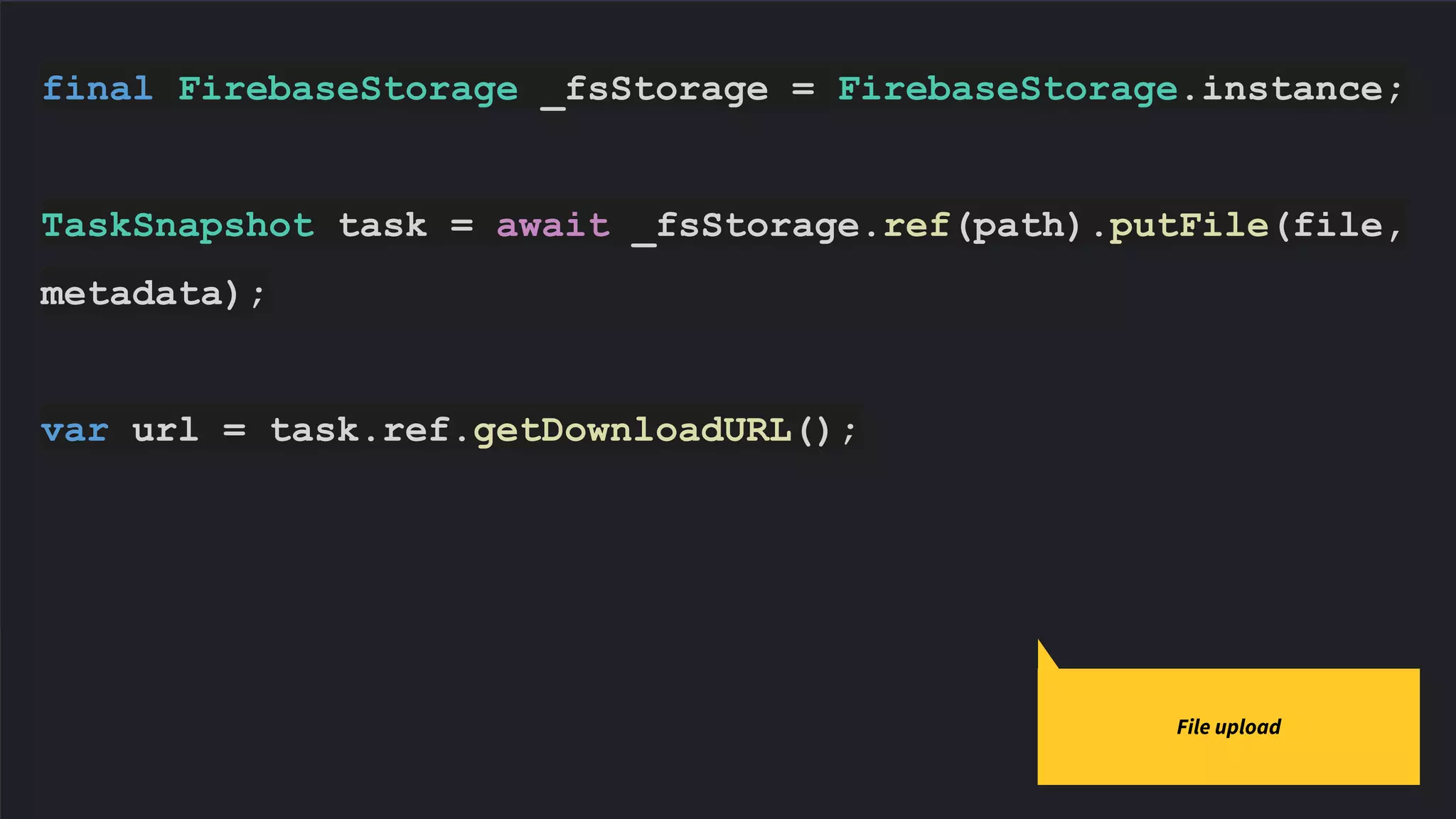 final FirebaseStorage _fsStorage = FirebaseStorage.instance;
TaskSnapshot task = await _fsStorage.ref(path).putFile(file,
metadata);
var url = task.ref.getDownloadURL();
File upload
 