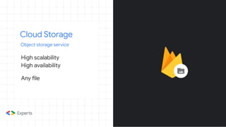 Cloud Storage
Object storage service
High scalability
High availability
Any file
 