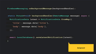 FirebaseMessaging.onBackgroundMessage(backgroundHandler);
static Future<void> backgroundHandler(RemoteMessage message) async {
NotificationData latest = NotificationData.fromMap({
'title': message.data['title'],
'body': message.data['body'],
});
await LocalDatabase().saveLatestNotification(latest);
}
Code slides use Source Code Pro
Background
 