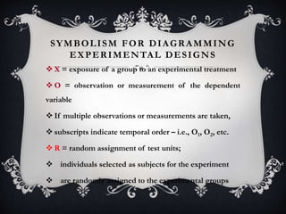 SYMBOLISM FOR DIAGRAMMING
EXPERIMENTAL DESIGNS
 X = exposure of a group to an experimental treatment
 O = observation or measurement of the dependent
variable
 If multiple observations or measurements are taken,
 subscripts indicate temporal order – i.e., O1, O2, etc.
 R = random assignment of test units;
 individuals selected as subjects for the experiment
 are randomly assigned to the experimental groups
 