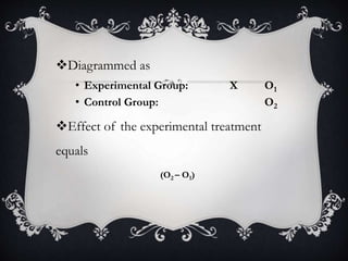 Diagrammed as
• Experimental Group: X O1
• Control Group: O2
Effect of the experimental treatment
equals
(O2 – O1)
 