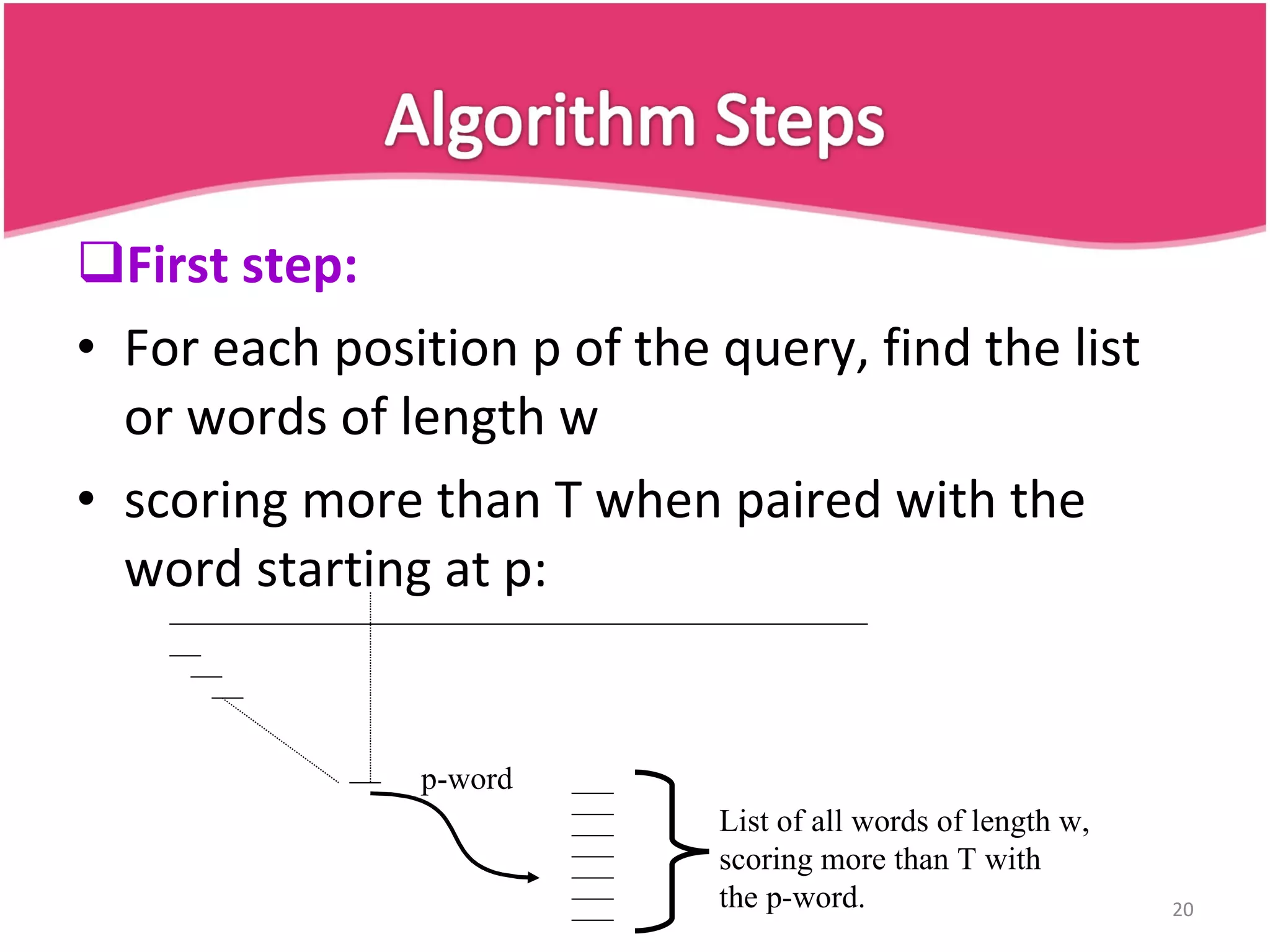 First step: For each position p of the query, find the list or words of length w scoring more than T when paired with the word starting at p: p-word List of all words of length w, scoring more than T with the p-word. 