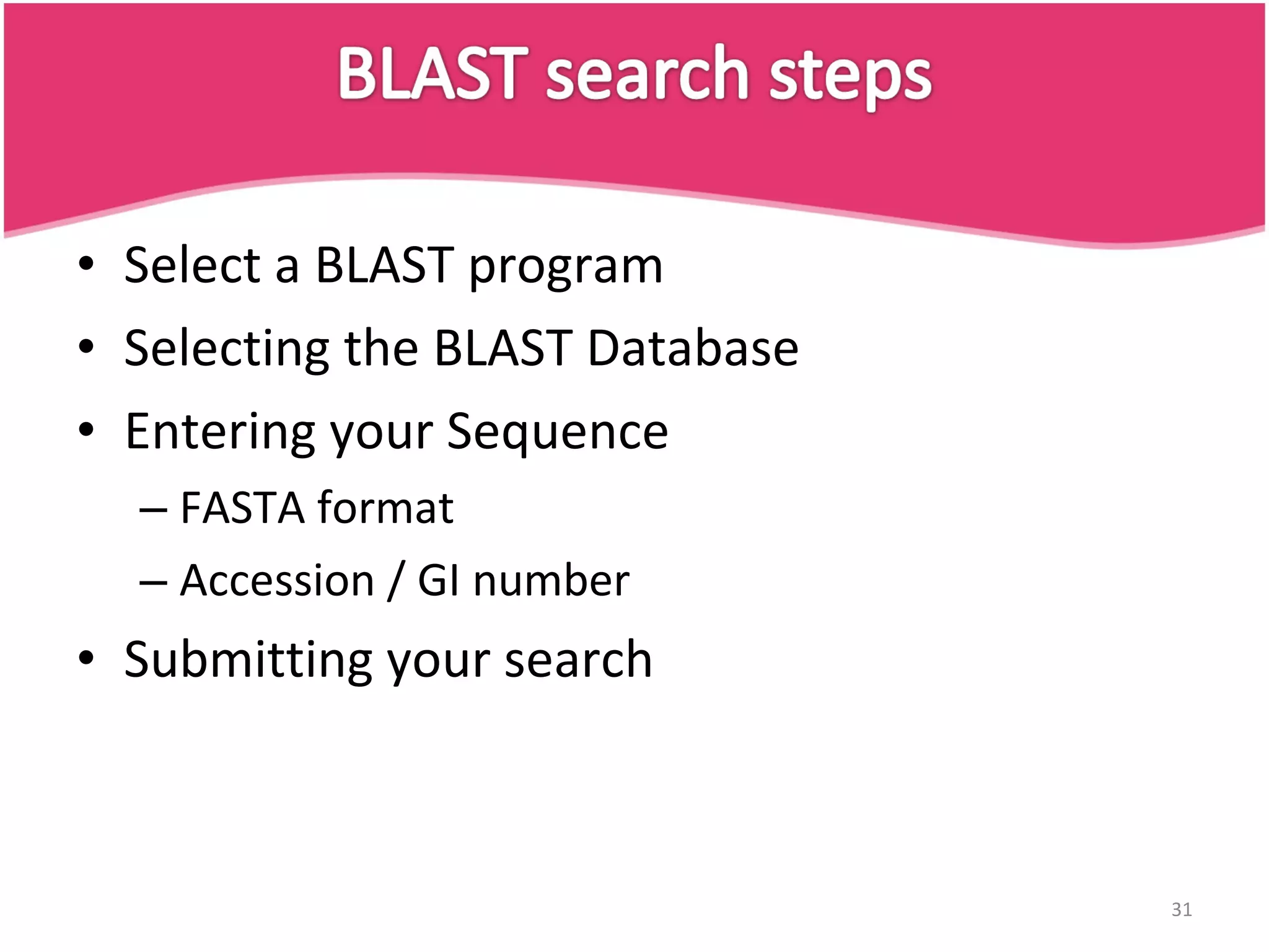 Select a BLAST program Selecting the BLAST Database Entering your Sequence FASTA format Accession / GI number Submitting your search 