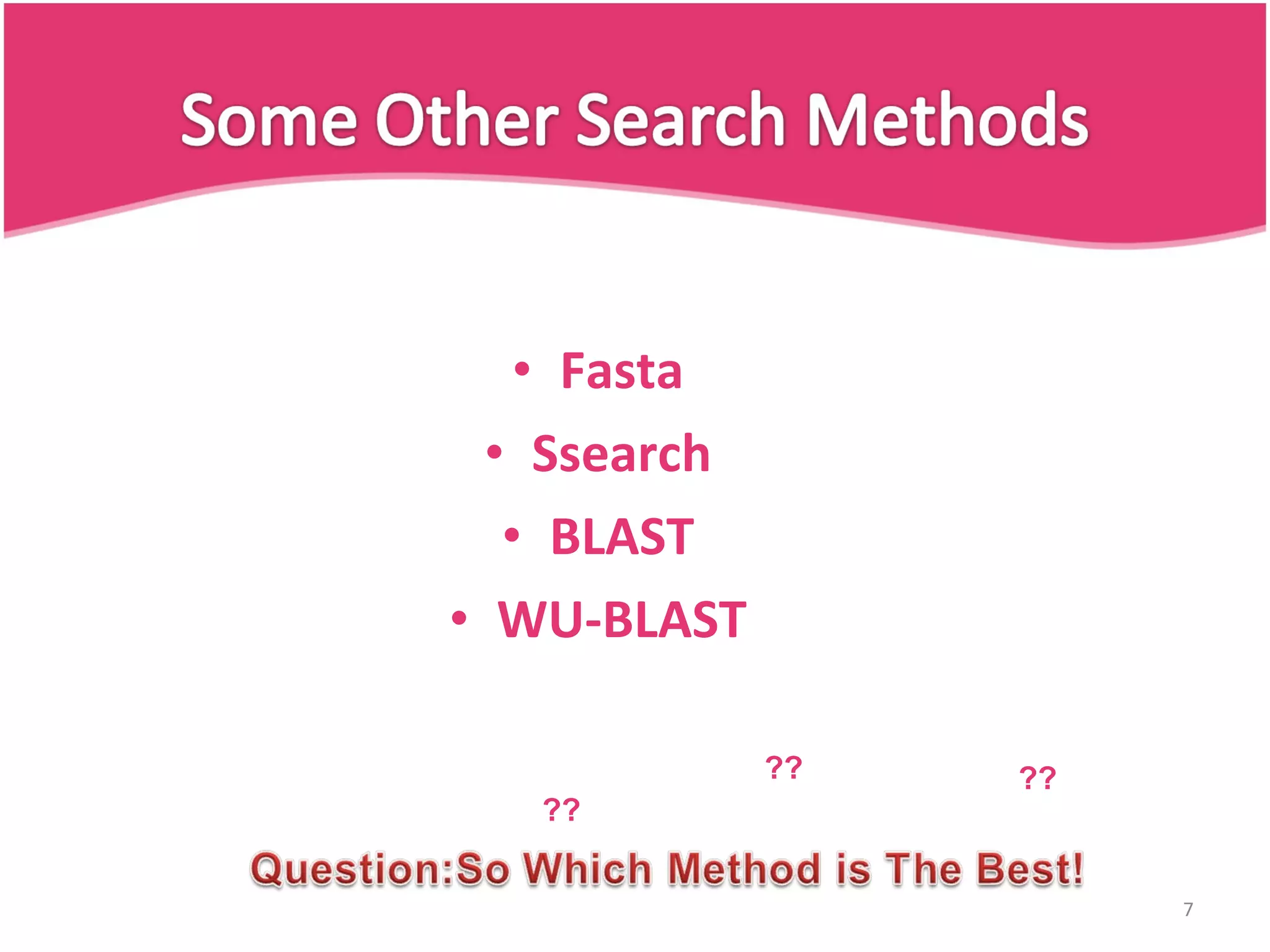 Fasta Ssearch BLAST WU-BLAST ?? ?? ?? 