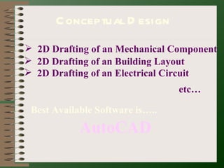 Conceptual Design 2D Drafting of an Mechanical Component 2D Drafting of an Building Layout 2D Drafting of an Electrical Circuit etc… Best Available Software is….. AutoCAD 