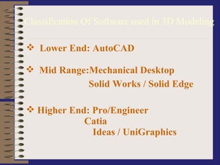 Classification Of Software used in 3D Modeling Lower End: AutoCAD Mid Range:Mechanical Desktop Solid Works / Solid Edge Higher End: Pro/Engineer Catia Ideas / UniGraphics 