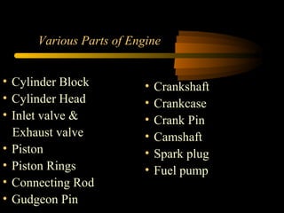 Various Parts of Engine
• Crankshaft
• Crankcase
• Crank Pin
• Camshaft
• Spark plug
• Fuel pump
• Cylinder Block
• Cylinder Head
• Inlet valve &
Exhaust valve
• Piston
• Piston Rings
• Connecting Rod
• Gudgeon Pin
 