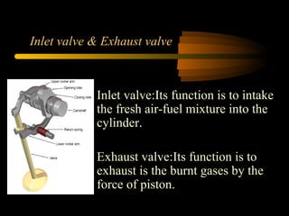 Inlet valve & Exhaust valve
Inlet valve:Its function is to intake
the fresh air-fuel mixture into the
cylinder.
Exhaust valve:Its function is to
exhaust is the burnt gases by the
force of piston.
 