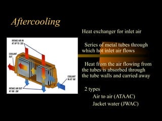 Aftercooling
Heat exchanger for inlet air
Series of metal tubes through
which hot inlet air flows
Heat from the air flowing from
the tubes is absorbed through
the tube walls and carried away
2 types
Air to air (ATAAC)
Jacket water (JWAC)
 