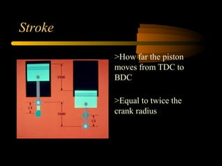 Stroke
>How far the piston
moves from TDC to
BDC
>Equal to twice the
crank radius
 