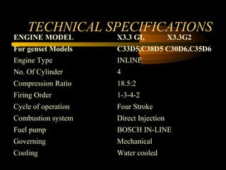TECHNICAL SPECIFICATIONS
ENGINE MODEL
For genset Models
Engine Type
No. Of Cylinder
Compression Ratio
Firing Order
Cycle of operation
Combustion system
Fuel pump
Governing
Cooling
X3.3 GI, X3.3G2
C33D5,C38D5 C30D6,C35D6
INLINE
4
18.5:2
1-3-4-2
Four Stroke
Direct Injection
BOSCH IN-LINE
Mechanical
Water cooled
 