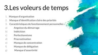 3.Les voleurs de temps
1. Manque d’organisation
2. Manque d’identification claire des priorités
3. Caractéristiques de fonctionnement personnelles :
a) Angoisse du démarrage
b) Indécision
c) Perfectionnisme
d) Procrastination
e) Manque de concentration
f) Manque de délégation
g) Manque d’assertivité
10
 