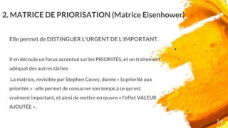 2. MATRICE DE PRIORISATION (Matrice Eisenhower)
Elle permet de DISTINGUER L'URGENT DE L'IMPORTANT.
Il en découle un focus accentué sur les PRIORITÉS, et un traitement
adéquat des autres tâches
La matrice, revisitée par Stephen Covey, donne « la priorité aux
priorités » : elle permet de consacrer son temps à ce qui est
vraiment important, et ainsi de mettre en œuvre « l'effet VALEUR
AJOUTÉE ».
14
 