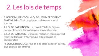 2. Les lois de temps
7
× 1.LOI DE MURPHY OU « LOI DE L’EMMERDEMENT
MAXIMUM » : Tout ce qui peut mal tourner va mal
tourner
× 2. LOI DE PARKINSON : Le travail s’étale de façon à
occuper le temps disponible pour son achèvement
× 3. LOI DE CARLSON : Un travail réalisé en continu prend
moins de temps et d’énergie que s’il est réalisé en
plusieurs fois
× 4. LOI DE DOUGLAS : Plus on a de place dans son bureau,
plus on étale ses affaires
 